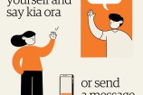 Cartoon of two people waving at each other. Text 