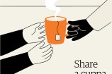 Person passing a hot cup of tea to another. Text: Share a cuppa