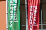 A green and a red Piki mai ki poneke flag. 