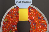 A red collar with smaller colourful dots all over it.