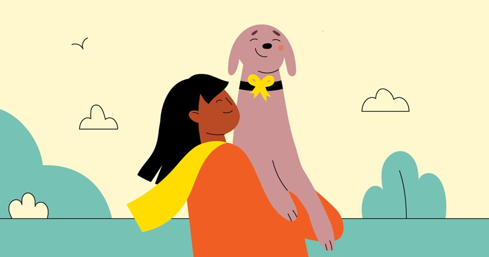 An illustration of a woman holding a brown dog with a yellow ribbon tied on its collar.