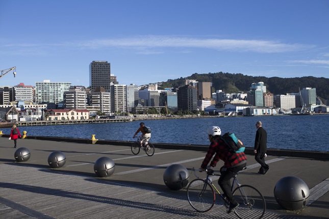 Wellingtonians biking along the waterfront on a sunny day.