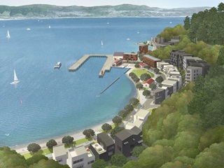 The image shows an artist concept of the development proposed for Shelly Bay.