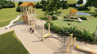 A concept image of the new playground, showing a slide, monkey bars, see saw and more.