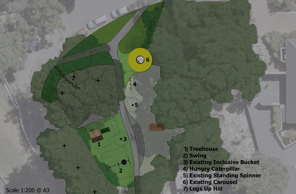 Final design map showing location of treehouse, swing, bucket, hungry caterpillar, existing standing spinner, existing carousel and logs up hill.