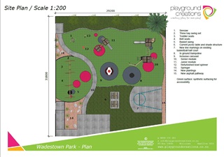 Architectural drawing of the proposed plan, including swings, a slide, a court, picnic tables and more.