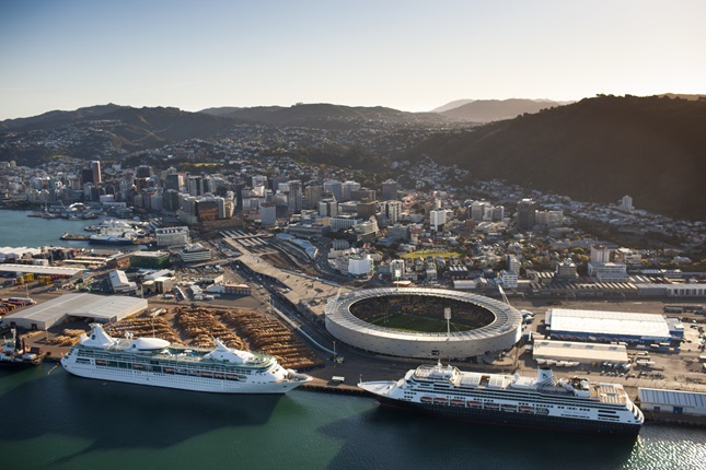 View of Westpac Stadium and cruise boats docked on waterfront