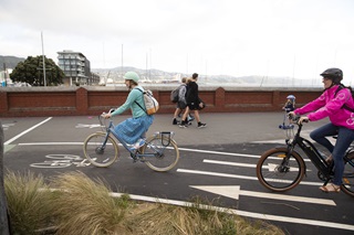Image of a cyclist on Oriental Bay