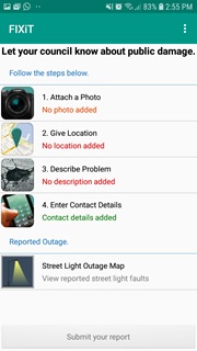 Screen shot of street light outage map 