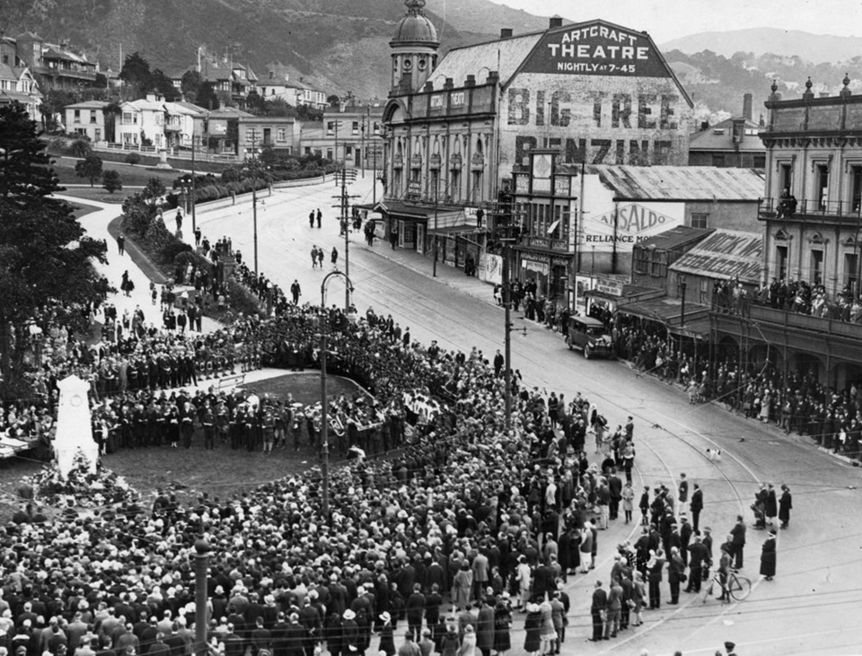 A memorial service held in 1928 at the temporary Cenotaph on Anzac Corner at the bottom of Molesworth Street.