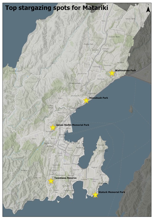 A map of Wellington with stars pinpointing five locations ideal for spotting the Matariki star cluster.