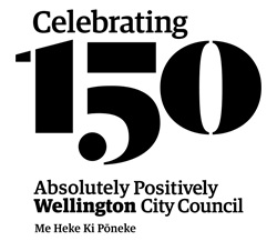 A black and white graphic saying 'Celebrating 150 Absolutely Positively Wellington City Council', which was made for the Council's 150th anniversary.