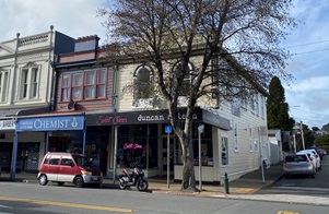 Duncan McLean's Newtown 1898-built building, partially obscured by a tree, on the corner of Riddiford Street and Green Street.