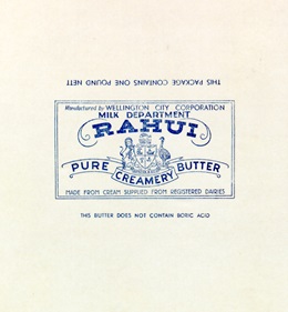 An old white package with blue labelling of Wellington City Council's very own branded butter, named Rahui. which it produced out of its Municipal Milk Department.