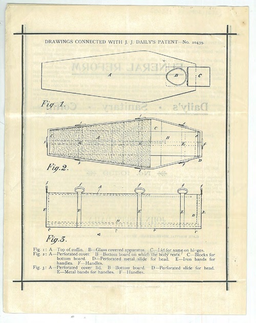 Aged paper with illustration of coffin. 
