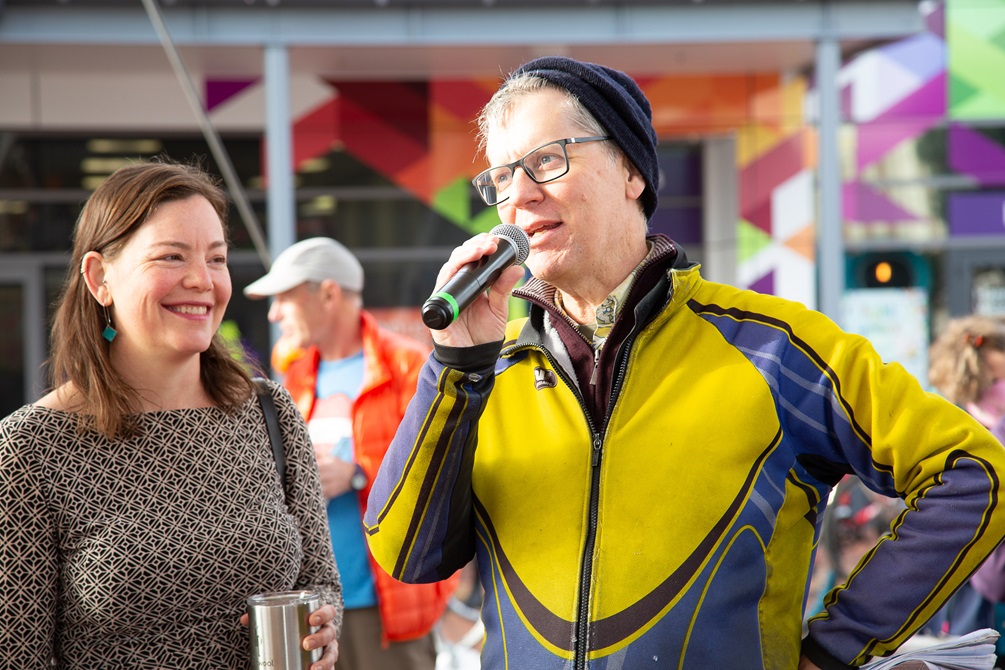 Image of MP Julie Anne Genter with MC Bryan Crump at Go By Bike Day 2020