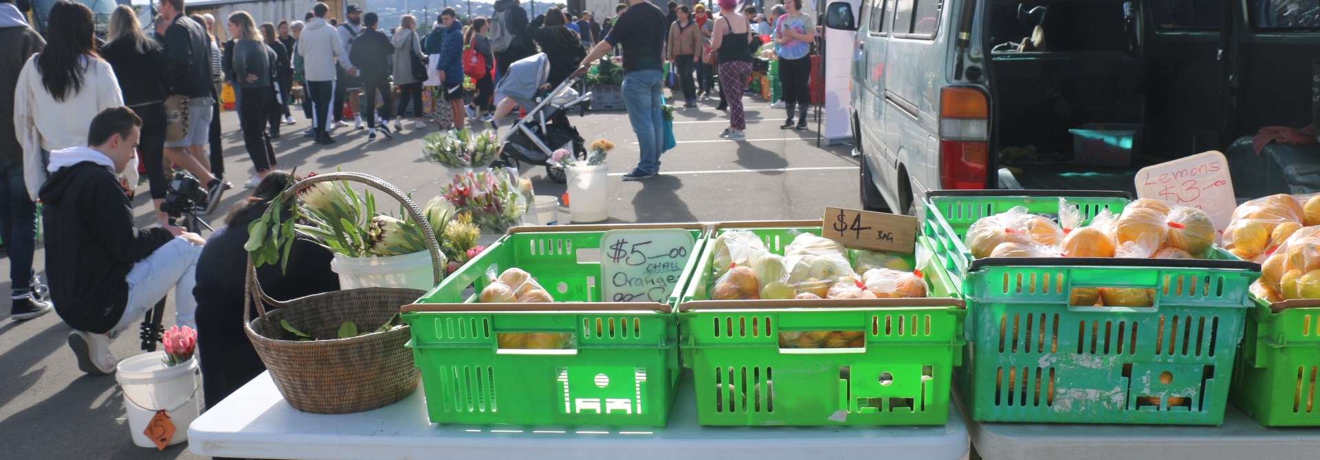 A table of green bins, filled with bags of citrus fruit, outdoors at Harbourside Market, with a van and customers in the background. 