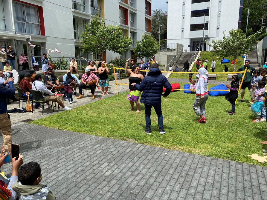 Many families sitting and standing outside in the Newtown Park Apartments complex, looking on as people dance in front of a volleyball net on grass on a sunny day.