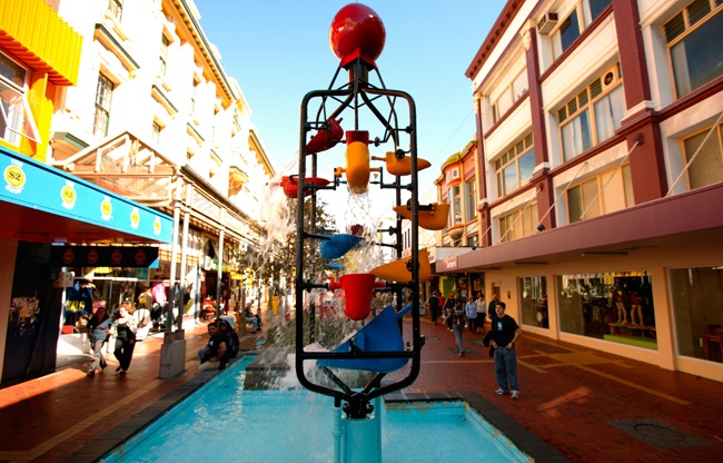 A shot of Wellington's iconic bucket fountain, on Cuba St, on a sunny day.