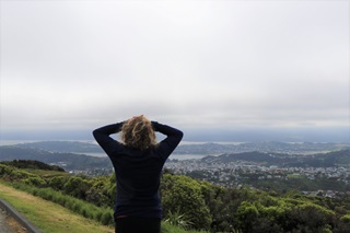 Brooklyn resident Mel Beirne on the Brooklyn Wind Turbine Route, with her hands on her head, looking out to the misty view of Wellington suburbs and harbour.