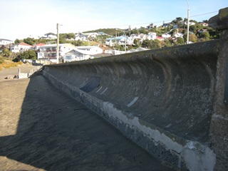 The Island Bay seawall as seen from the beach.