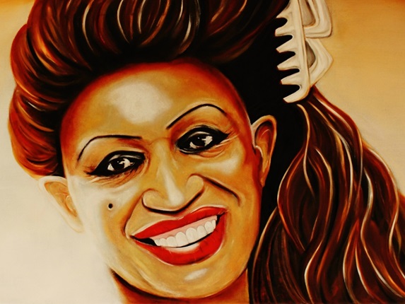 Painting of Carmen Rupe from the neck up wearing a clip in her hair and smiling. 