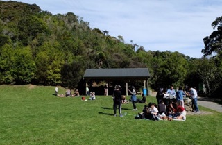 A green grass area at Otari-Wilton's Bush, with people picnicking near a sheltered area on a sunny day.