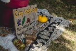 A blanket with some jars of preserves and a pumpkin on it along with a wooden sign that says crop and seed swap.