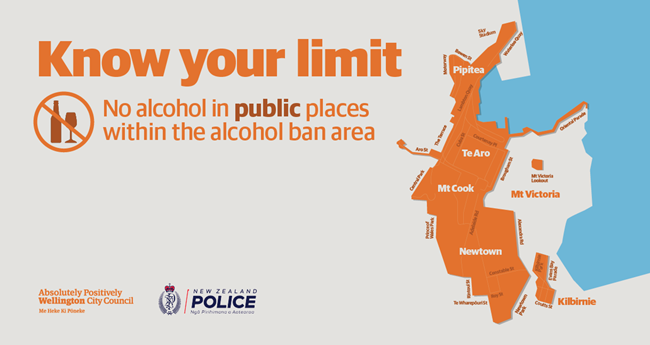Orange map of Wellington alcohol ban areas with Wellington City Council and New Zealand Police logos. 