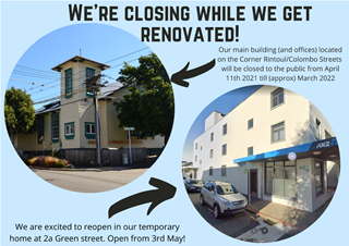 Graphic with photograph of old Newtown community centre location and new location with text that reads, we're closing while we get renovated. 