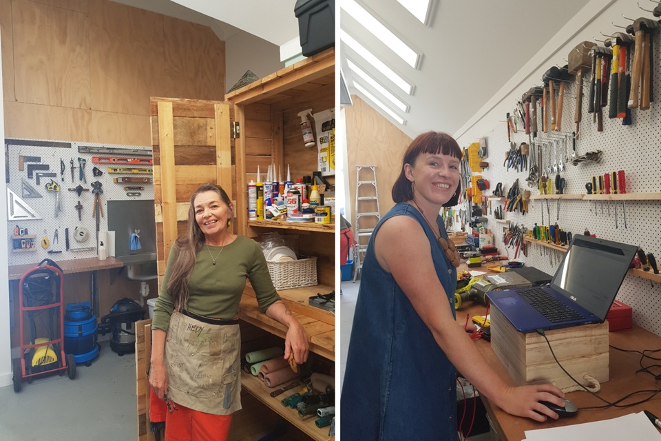 Two photos of women standing in the Newtown Tool Library with various tools hanging on the walls around them and one of them standing in front of a laptop. 