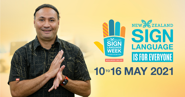 A man on the left demonstrating how to sign and the NZ Sign Language week logo on the right, with a yellow background.