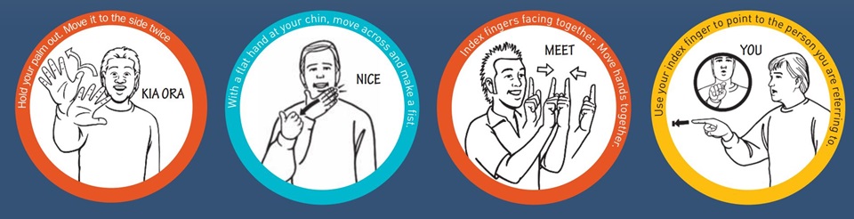 Four circles in a row, each with a black and white illustration inside of a person demonstrating how to say words in New Zealand sign language.