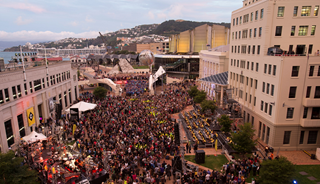 Image of event in Te Ngākau Civic Square celebrating Hurricanes 2016 win of Super Rugby title 