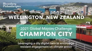 Photo of Wellington Cable Car with text overlaid saying: 'Wellington, New Zealand, 2021 Global Mayors Challenge Champion City'.