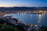 A photograph of Wellington city taken from Mount Victoria during sundown, with the harbour and sky in blue light, and the city lights switching on.