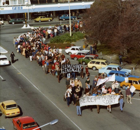 Image of Springbok Tour protestors at Palmerston North Square Credit: Palmerston North Library Ref: CC BY-NC 4.0