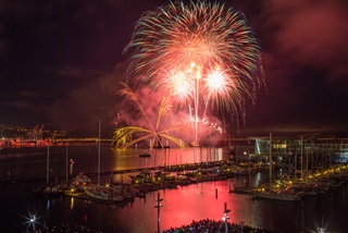 A photograph of bright pink and orange fireworks bursting in the night sky above the Wellington harbour and moored boats.