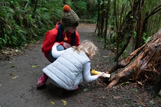 Two children wearing warm jackets crouching down at the foot of a tree, shining a torch in to the roots. 