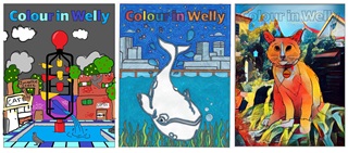 Three colouring in competition entries which include the Bucket Fountain, Matariki the whale and Mittens the cat.