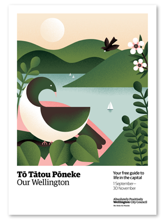 The cover of the spring 2021 issue of the Our Wellington magazine, featuring an illustration of a tui bird overlooking a blue sea with a lone yacht, surrounded by green hills and flowers, and a peach sunset overhead.