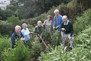 Six older men and women smiling and standing on a hilly bushland with shovels, as they plant small trees, with large pine trees and houses down below.