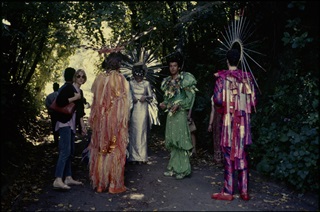 A group of people in fantasical colourful and shiny costumes stand around in a public garden.