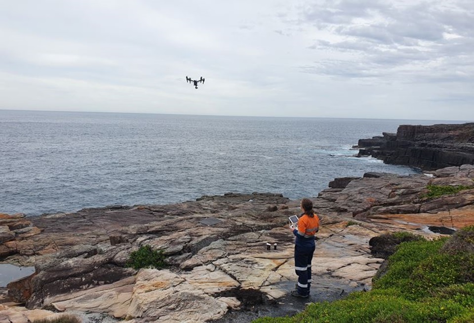 Drone being operated on a coastline - image credit Cardno NZ
