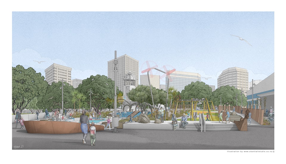 Frank Kitts Playground upgrade view from wharf illustrations by Stantiall's Studios 