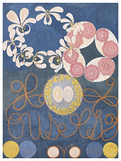 A large blue painting with circular floral patterns in pink, yellow, cream and orange.
