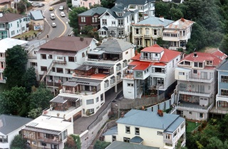 An aerial view of The Terrace and many multi-leveled houses in the 1990s.