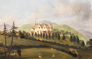 A painting of The Grange, a grand white building with pointed roof sitting on top of a hill surrounded by trees while a man and young child walk are pictured in the bottom left corner walking across a field towards it.