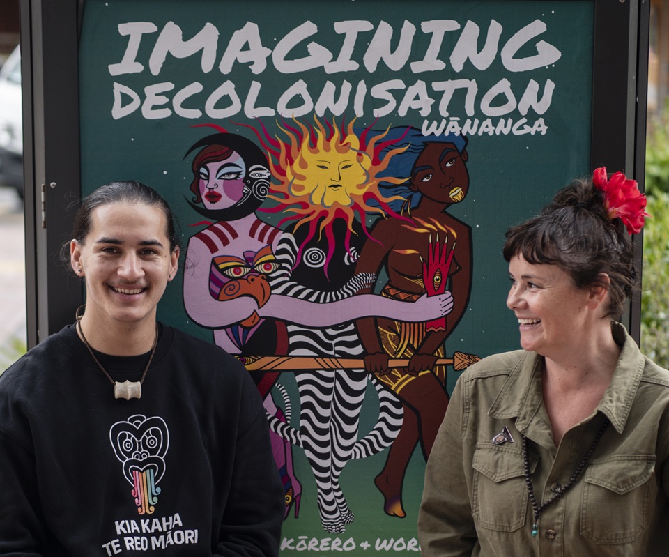 Sascha Perfect and Safari Hynes discussing Imagining Decolonisation Wānanga. Photo credit: Kedron Parker