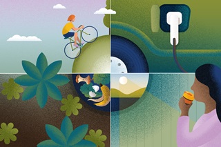 A climate action-themed illustration with a cyclist going up a hill, an electric vehicle being charged up, a woman drinking from a keep cup, and a compost pit in a garden.